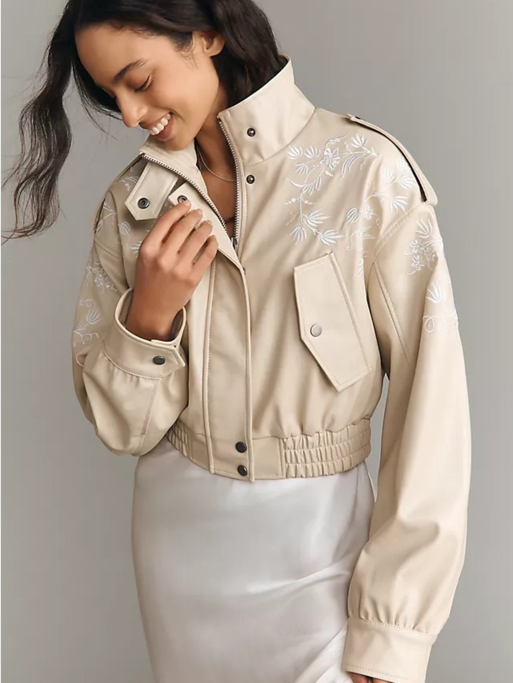 By Anthropologie Faux-Leather Floral Embroidered Moto Jacket XS